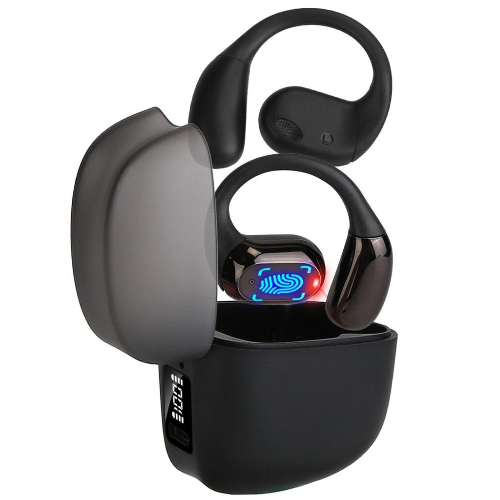 Black wireless earbuds with charging case on a white background