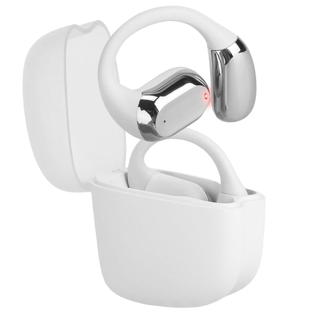 White wireless earbuds with charging case on a white background