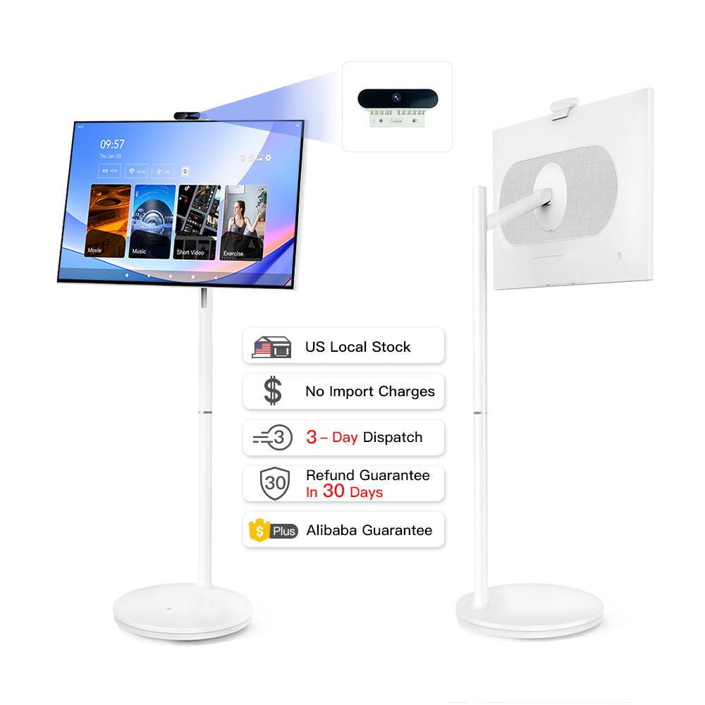 Smart home device with screen and stand on a white background