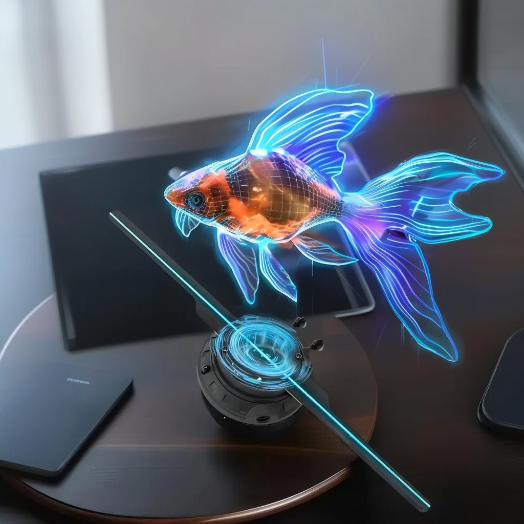 Futuristic goldfish on a stand with a blurred background