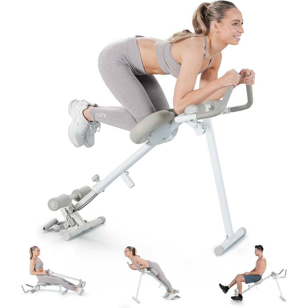 Woman using a fitness machine with inset images of different exercises.