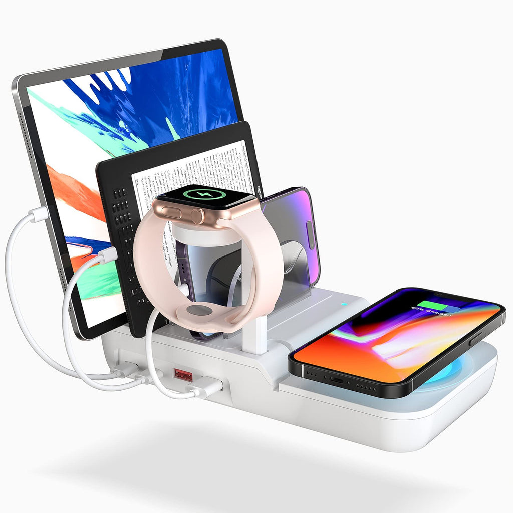 Multi-device charging station with smartphone, tablet, and smartwatch on a white background
