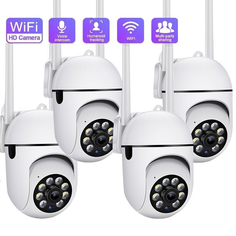 Set of five white security cameras with various features indicated by icons on a white background.