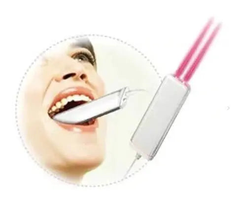 Close-up of a dental tool with a woman's face in the background
