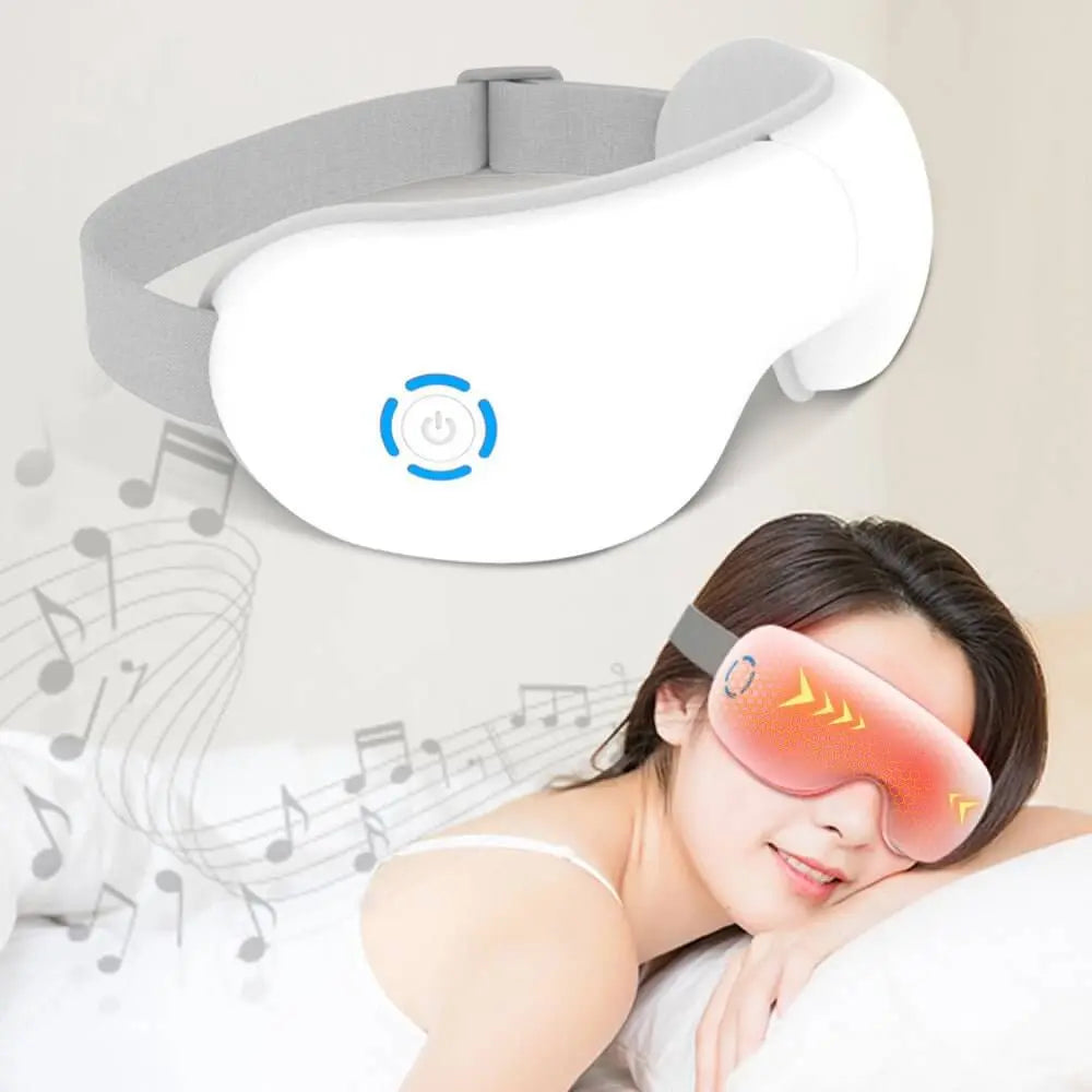 Woman wearing a white eye mask with gray headband, lying down with music notes in the background