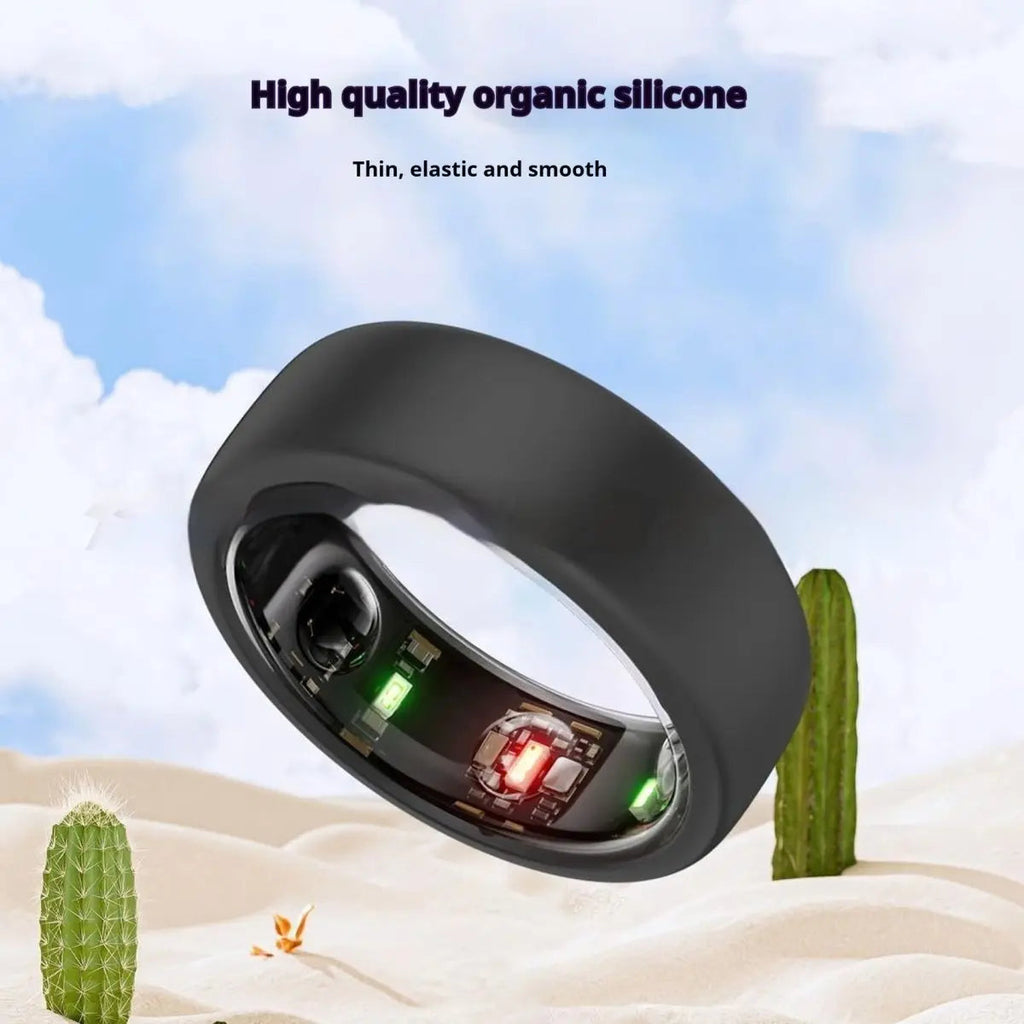 Black silicone ring with electronic components on a desert background